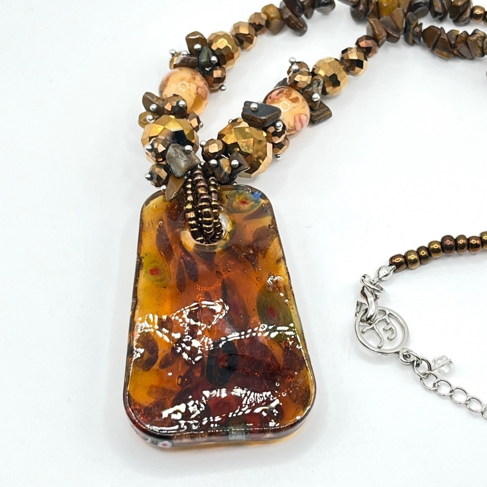 Erica Lions Brown Millefiori Style Glass Pendant Beaded Necklace 20" - Picture 7 of 14